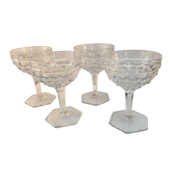 Title:  Fostoria American Clear Cubist Champagne Sherbets  Hex Footed 1960s Host - Picture 1 of 9